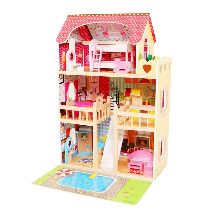 Wooden dollhouse, furniture, swimming pool + lighting ECOTOYS