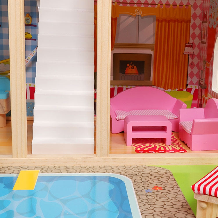 Wooden dollhouse, furniture, swimming pool + lighting ECOTOYS