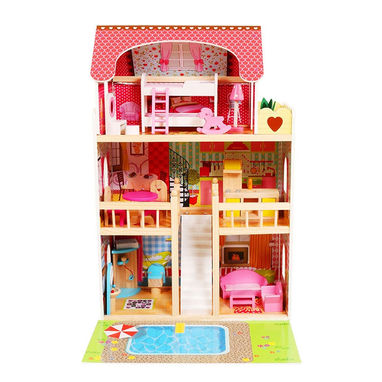 Wooden dollhouse, furniture, swimming pool + lighting ECOTOYS