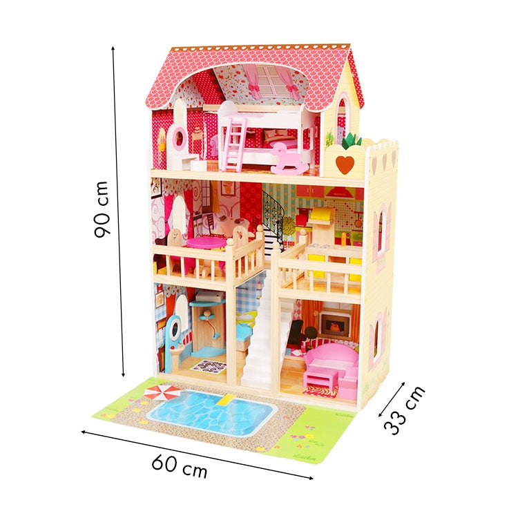 Wooden dollhouse, furniture, swimming pool + lighting ECOTOYS