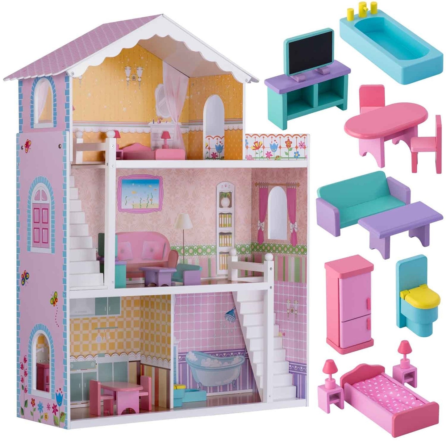 Wooden dollhouse large 3-story + furniture + terrace