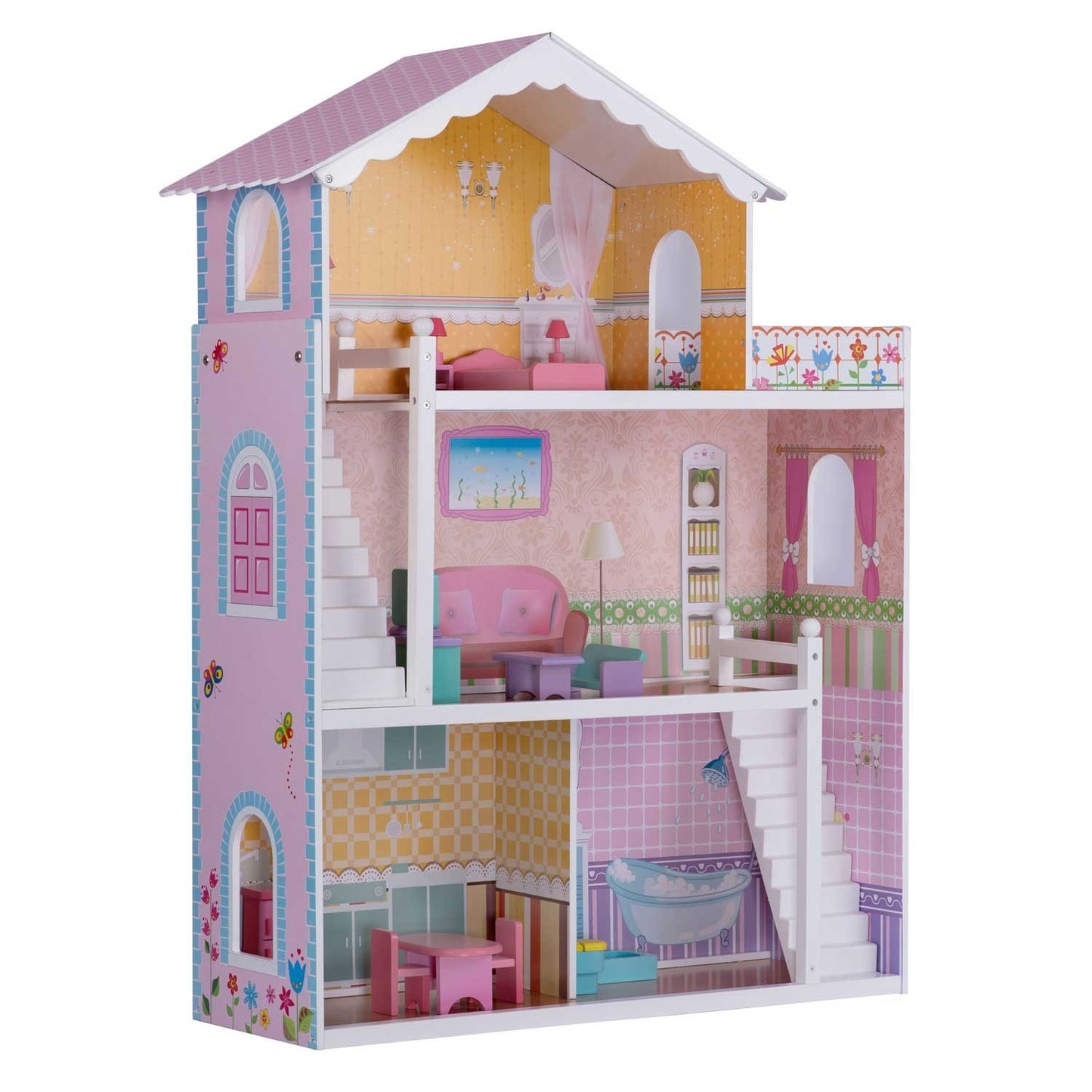 Wooden dollhouse large 3-story + furniture + terrace