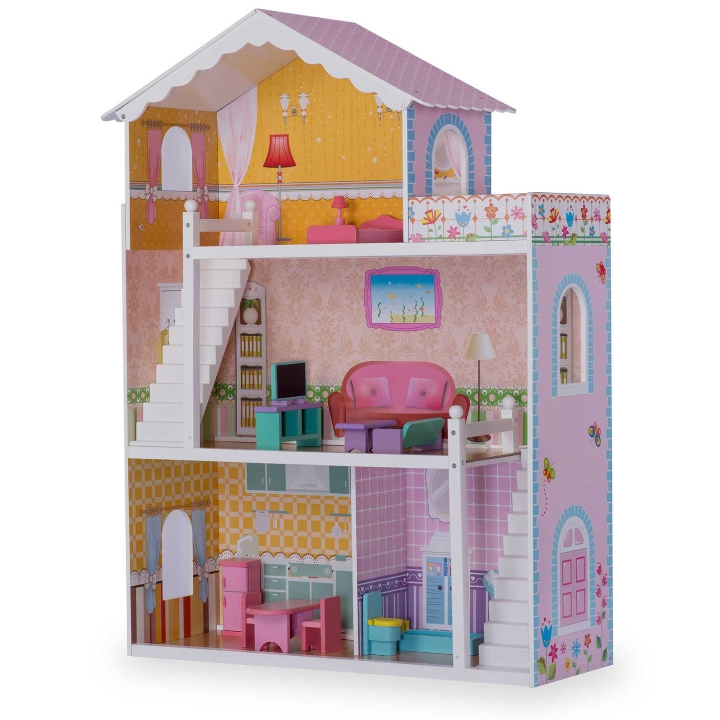 Wooden dollhouse large 3-story + furniture + terrace