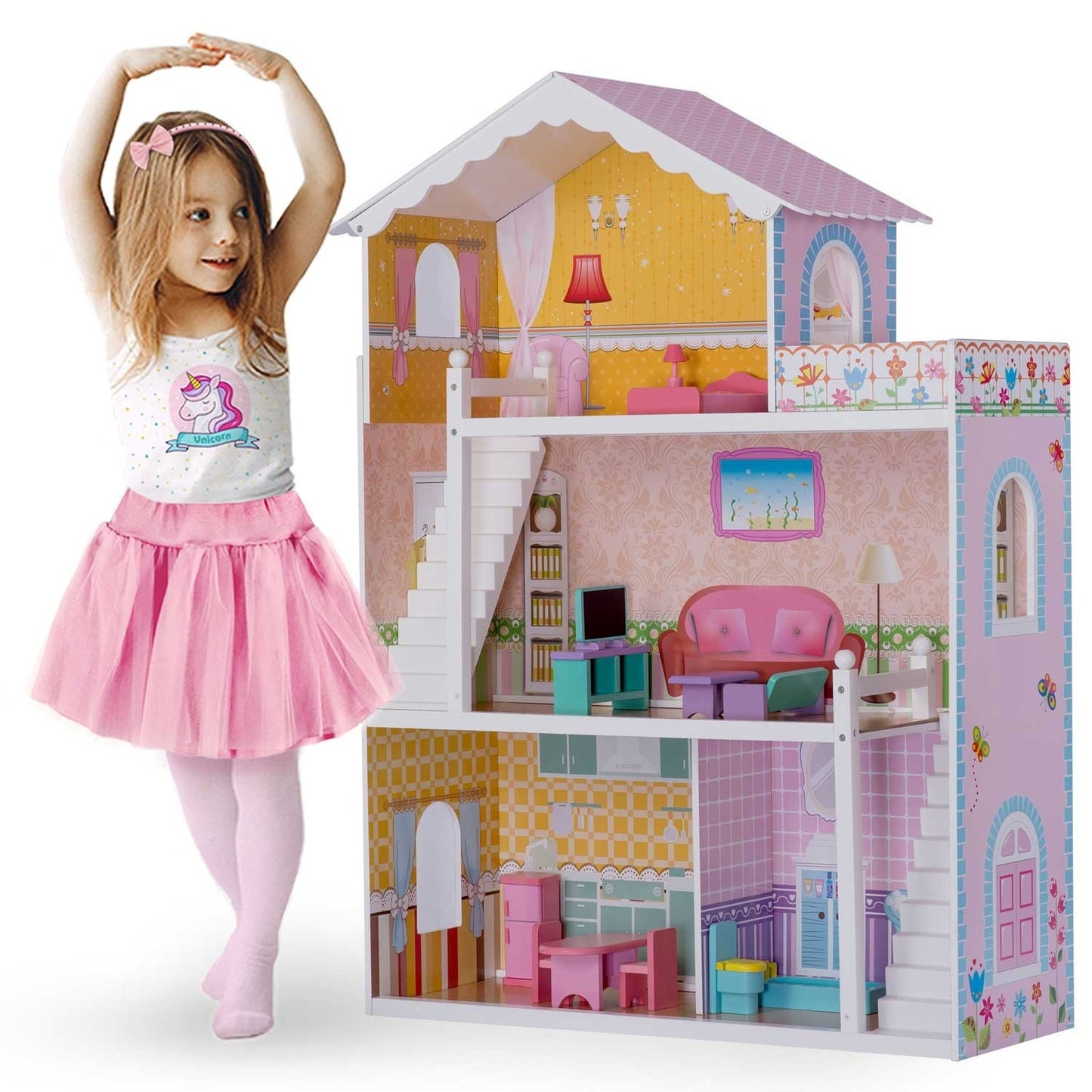 Wooden dollhouse large 3-story + furniture + terrace