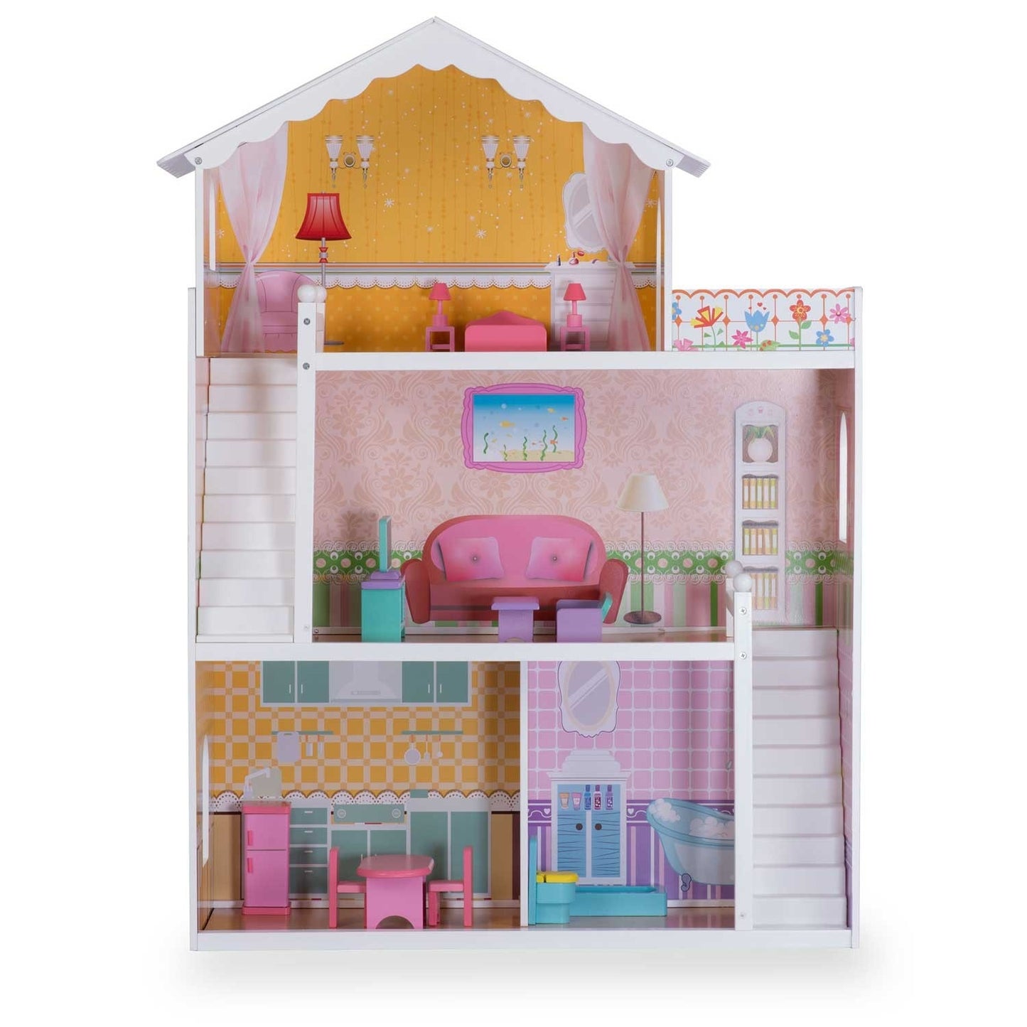 Wooden dollhouse large 3-story + furniture + terrace