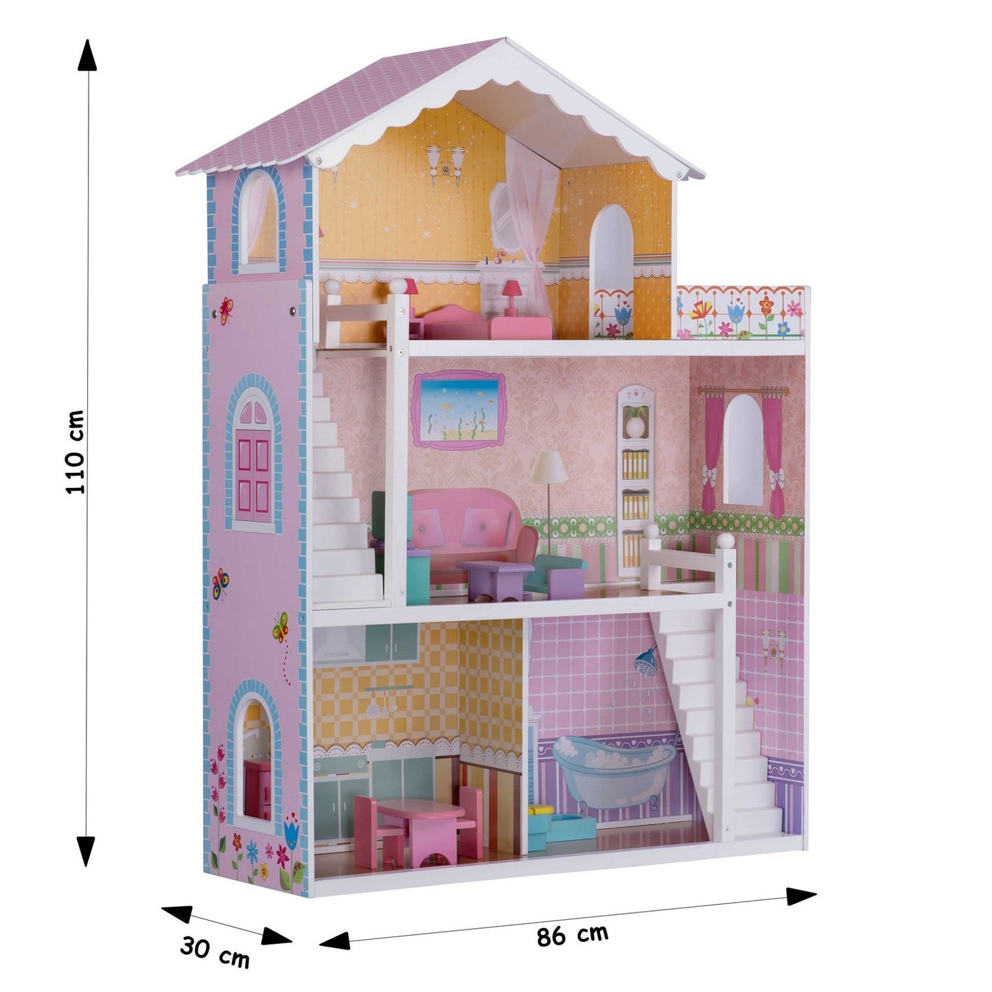 Wooden dollhouse large 3-story + furniture + terrace