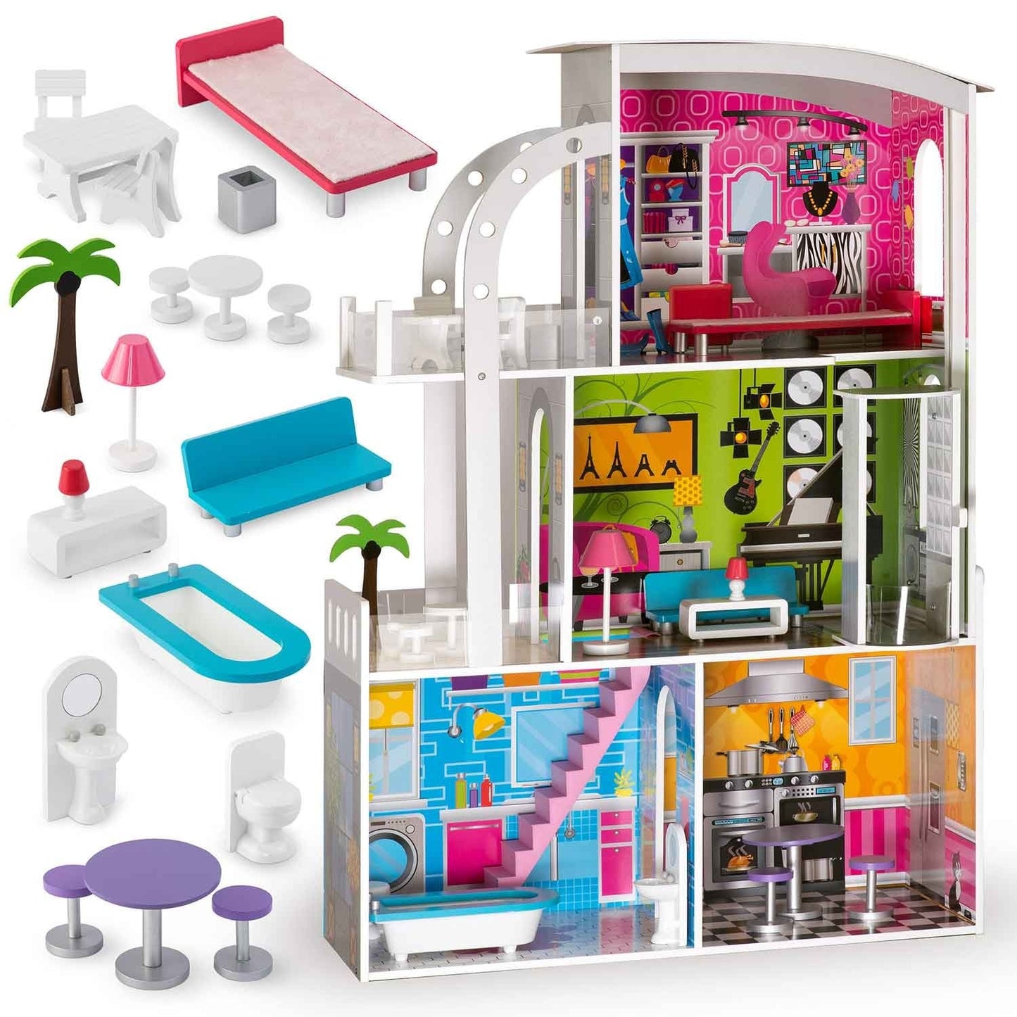 Wooden dollhouse large 3-story + furniture + terrace + elevator