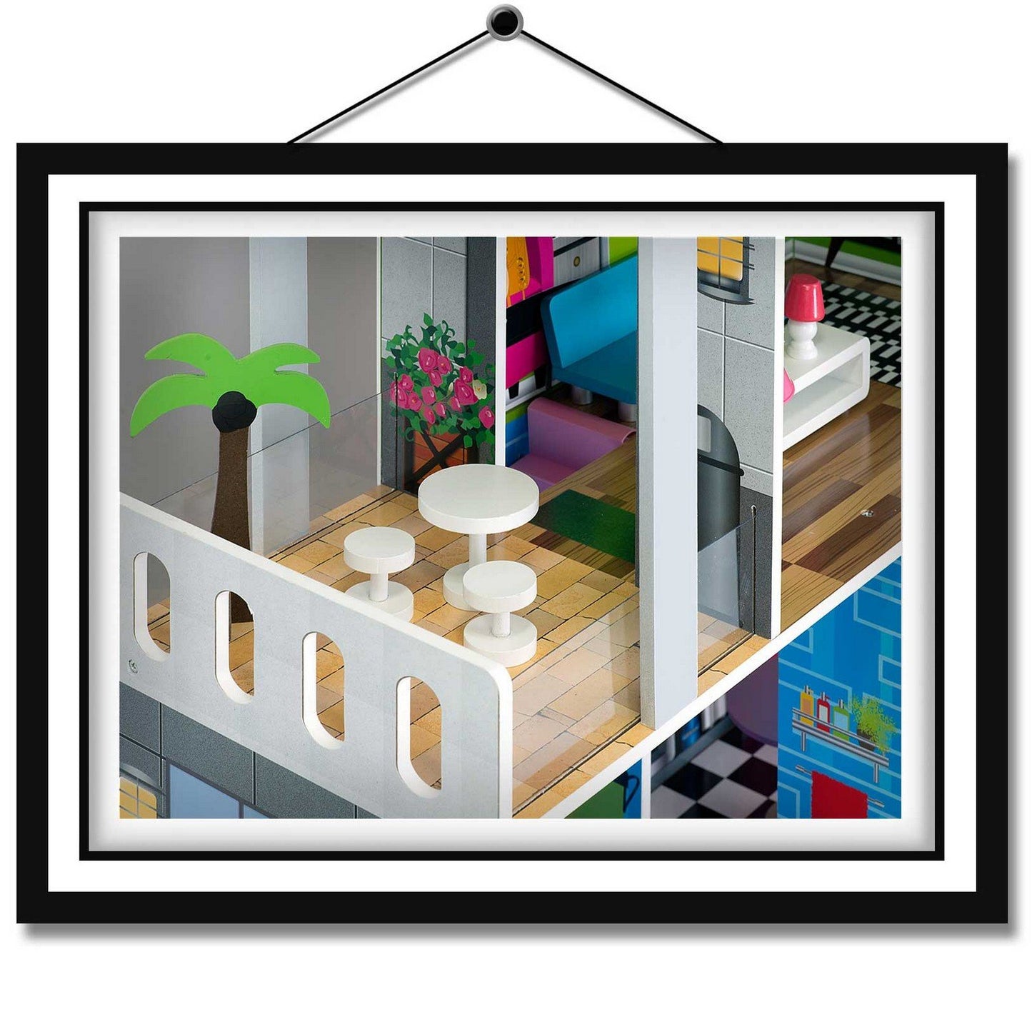 Wooden dollhouse large 3-story + furniture + terrace + elevator