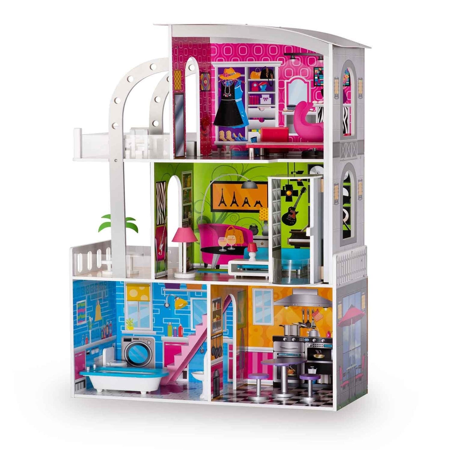 Wooden dollhouse large 3-story + furniture + terrace + elevator