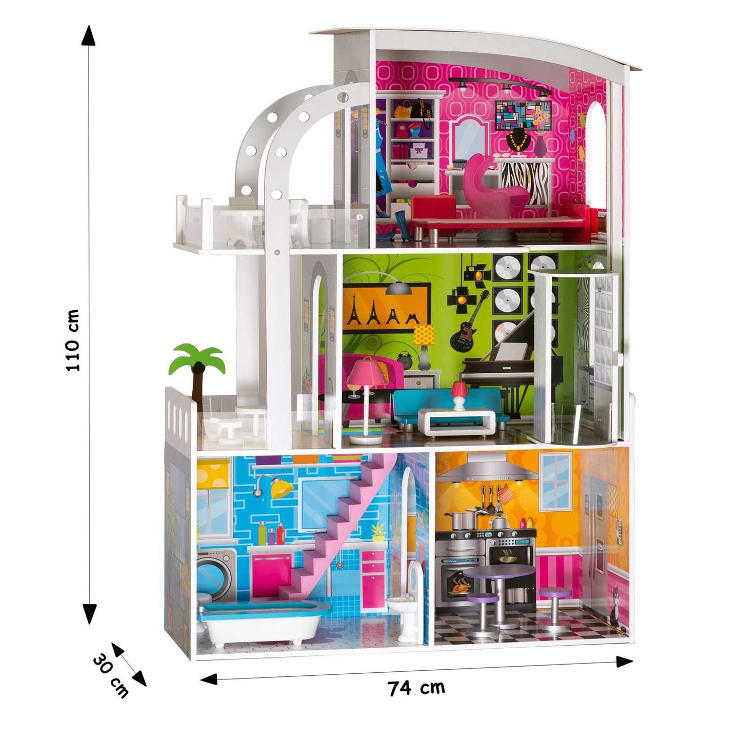 Wooden dollhouse large 3-story + furniture + terrace + elevator
