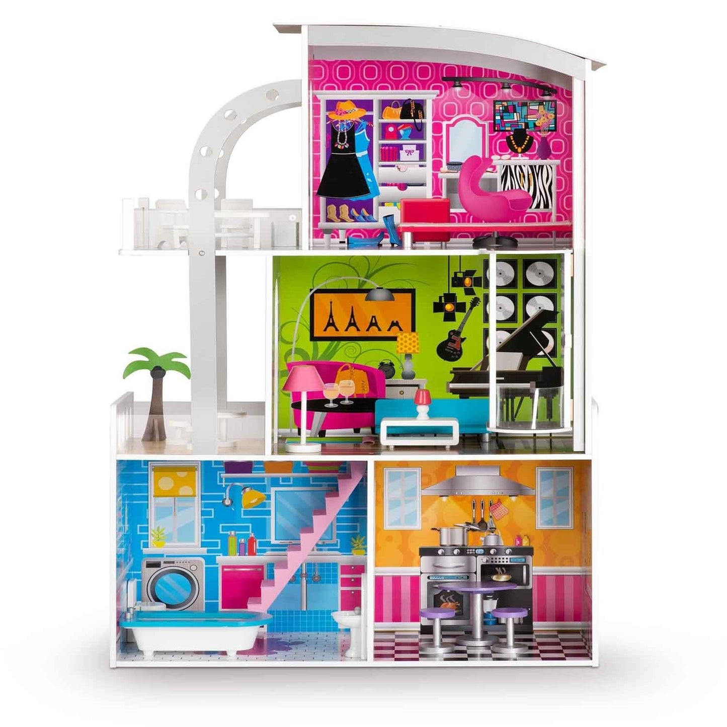 Wooden dollhouse large 3-story + furniture + terrace + elevator