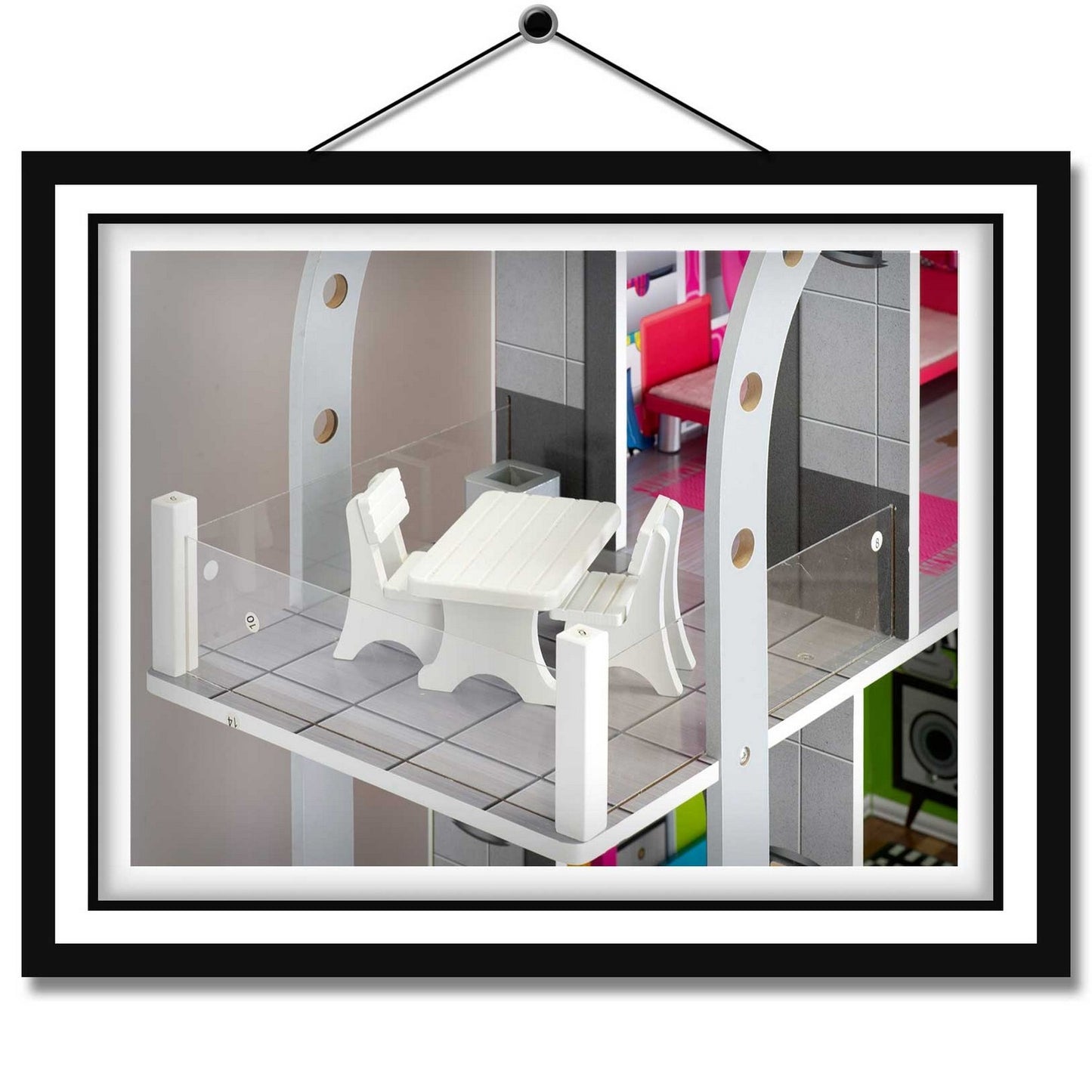 Wooden dollhouse large 3-story + furniture + terrace + elevator