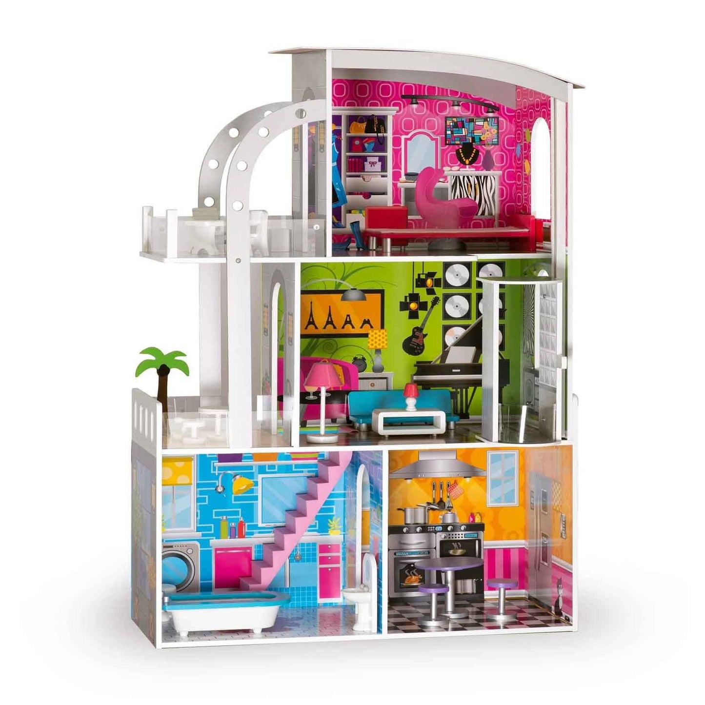 Wooden dollhouse large 3-story + furniture + terrace + elevator