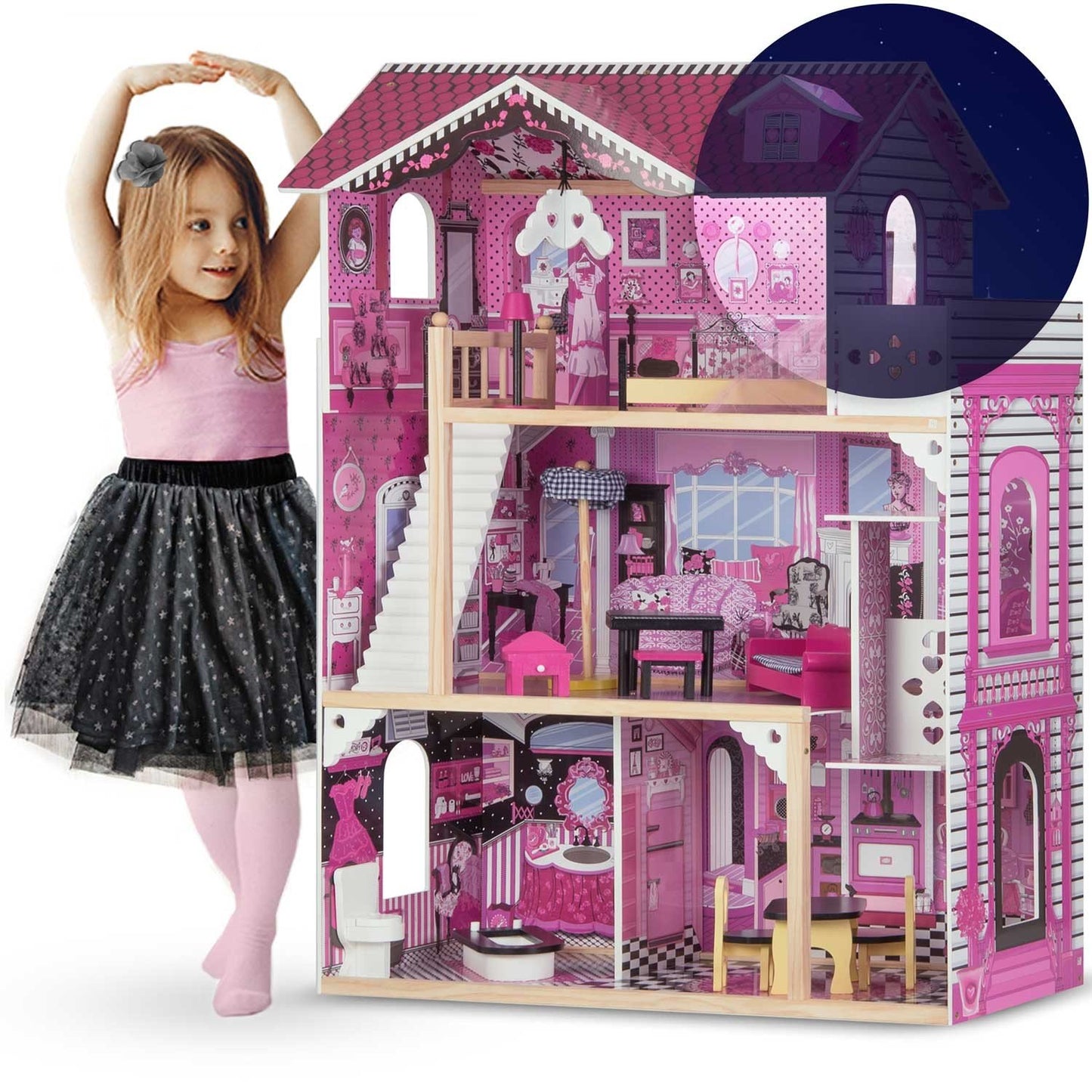 Wooden dollhouse large 3-story with elevator