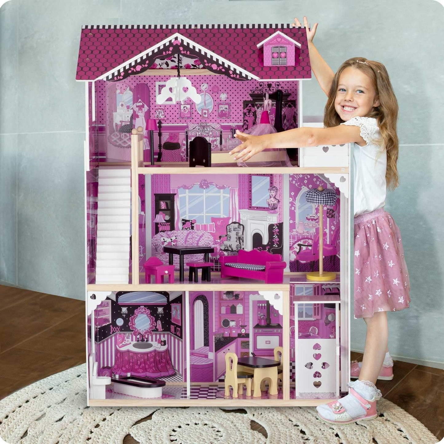 Wooden dollhouse large 3-story with elevator