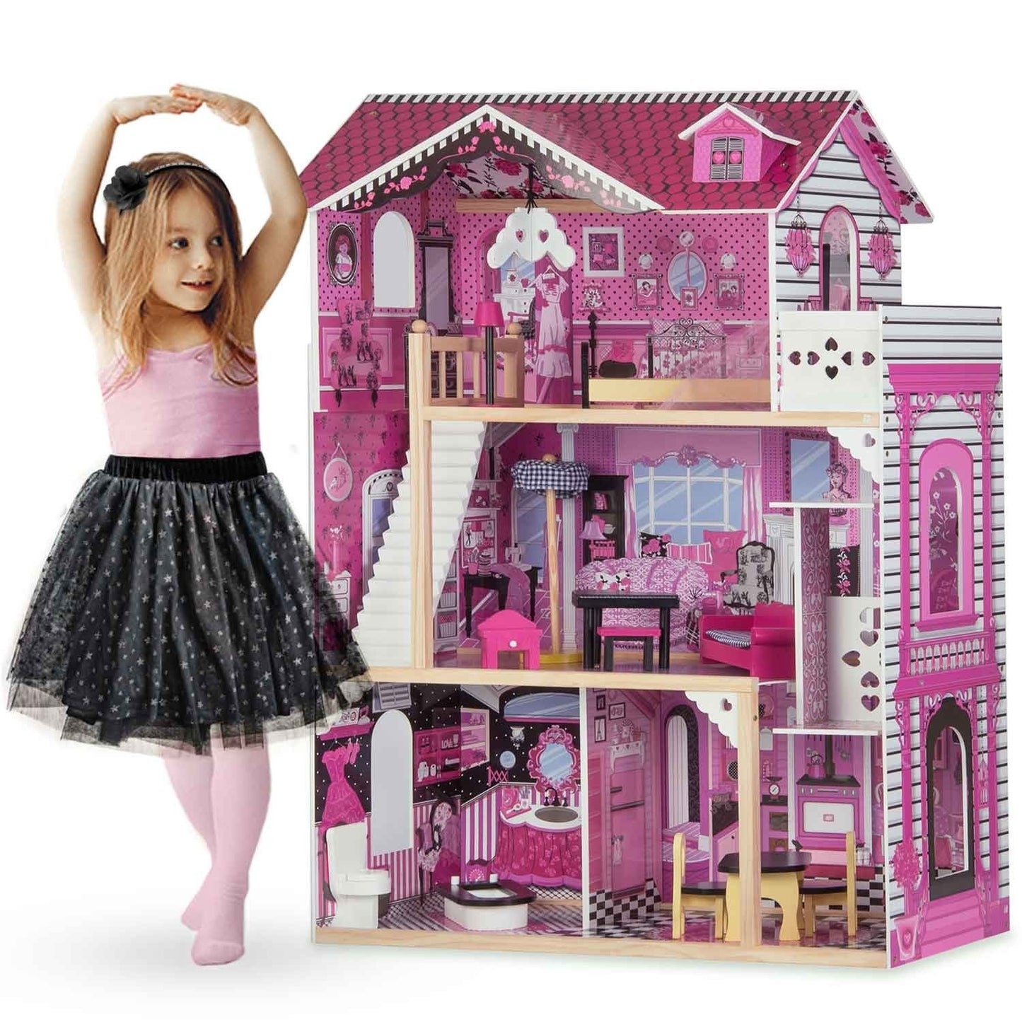 Wooden dollhouse large 3-story with elevator