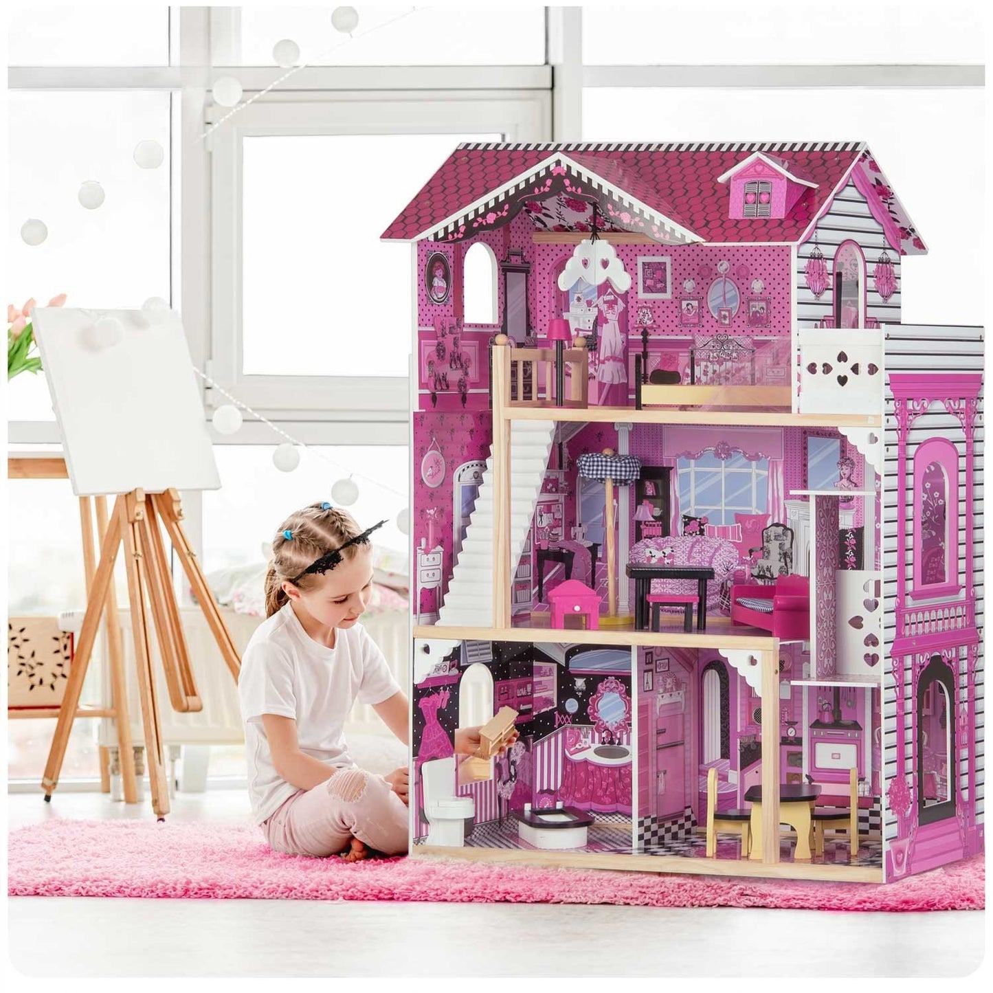 Wooden dollhouse large 3-story with elevator
