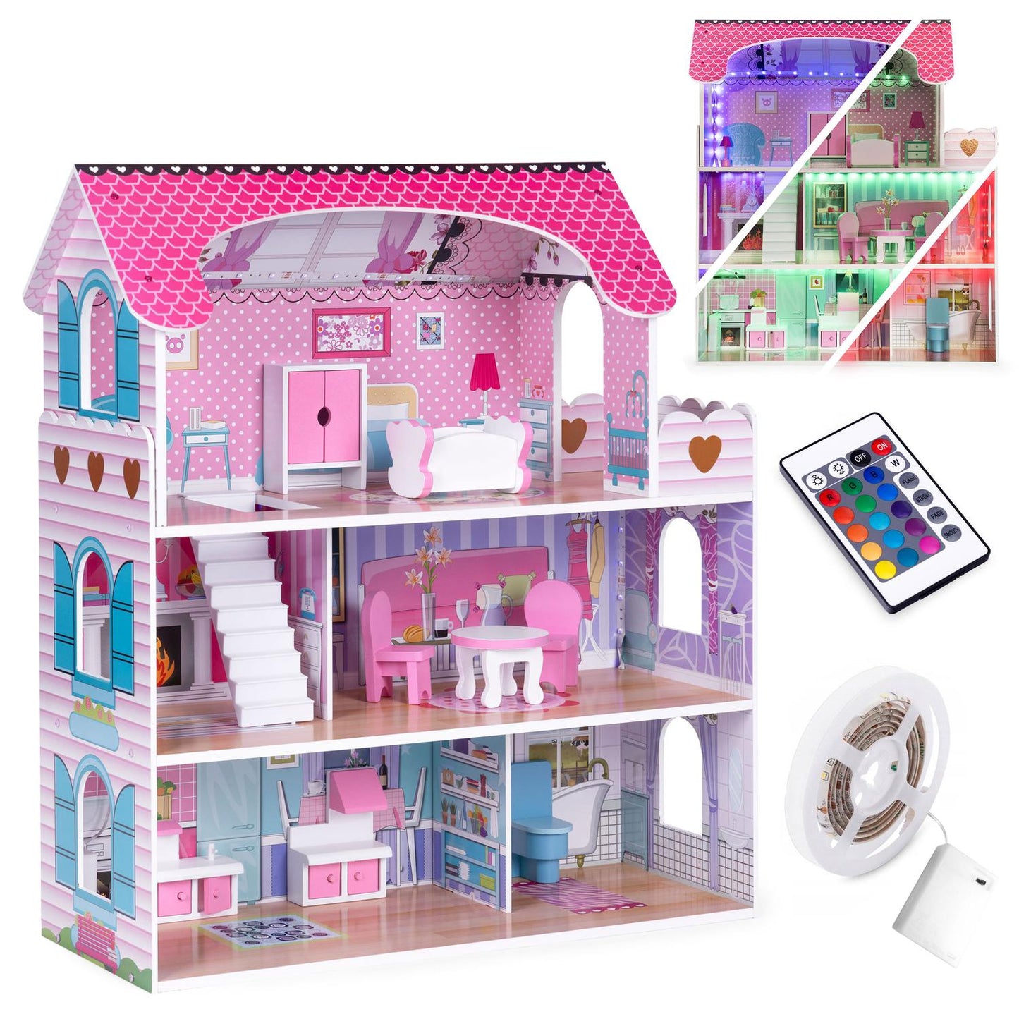 Wooden dollhouse with LED lighting + furniture set ECOTOYS
