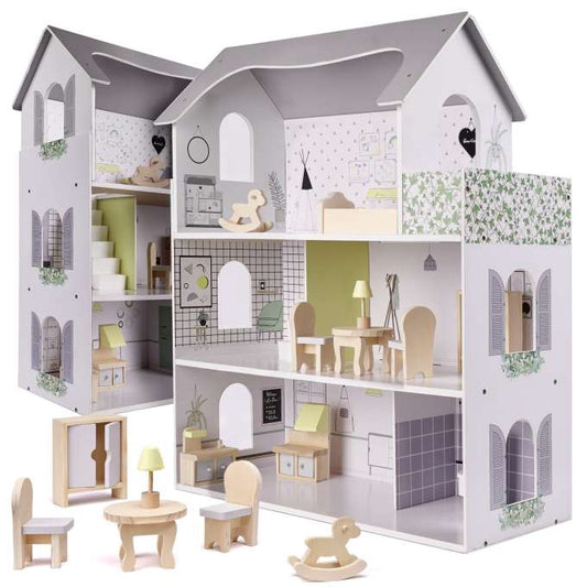 Wooden dolls' house + furniture 70cm grey