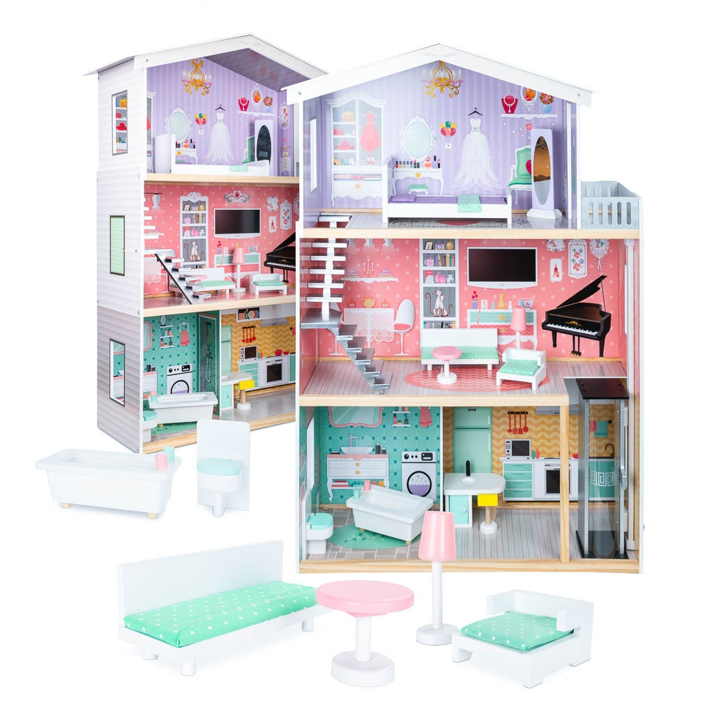 Wooden dolls' house + furniture pastel 117cm