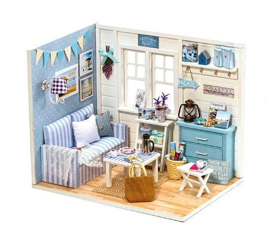 Wooden dolls' house living room model to assemble LED DIY 3016