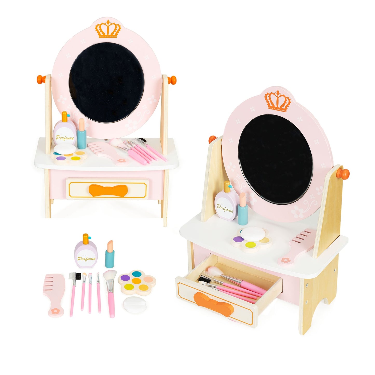 Wooden dressing table with pink children's accessories