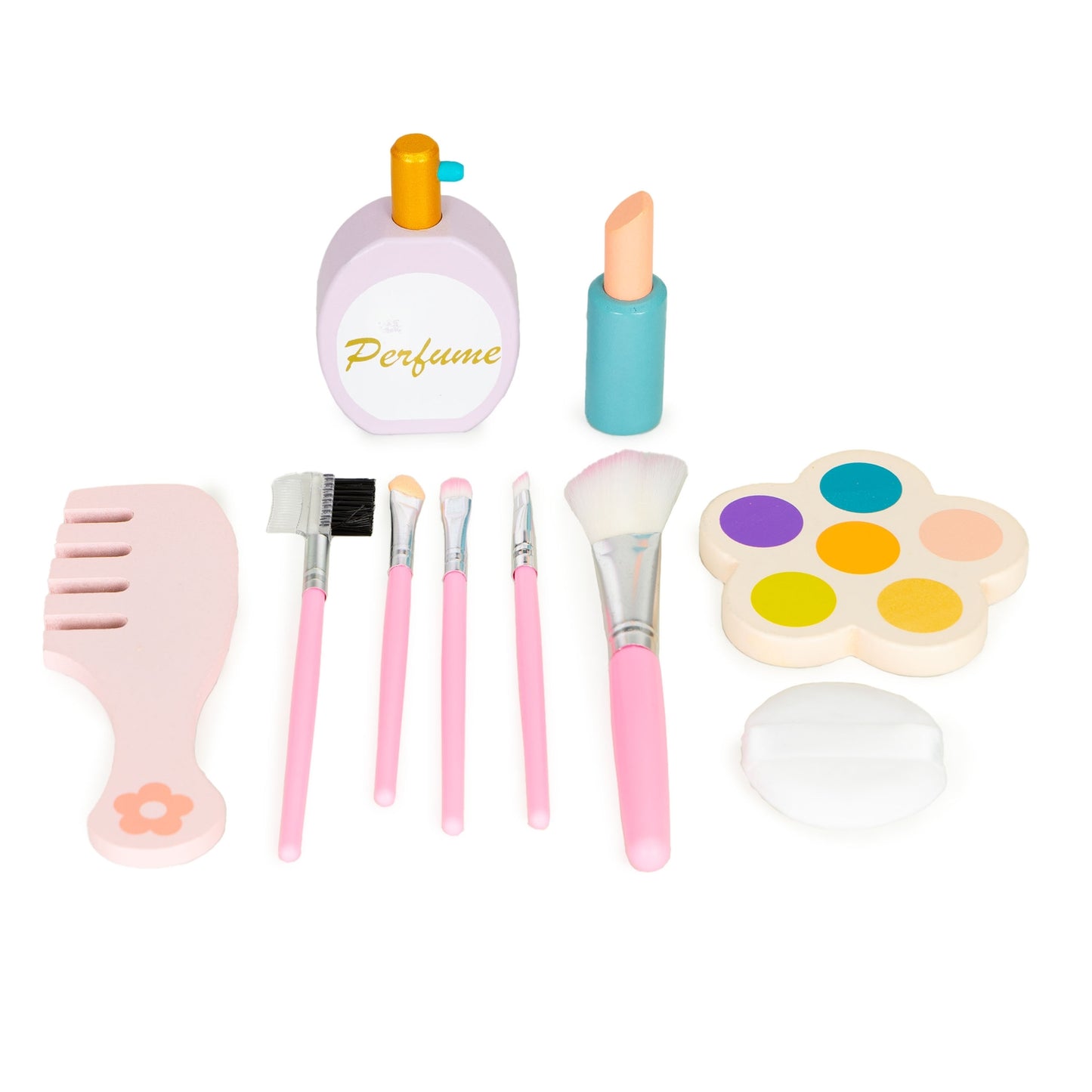 Wooden dressing table with pink children's accessories