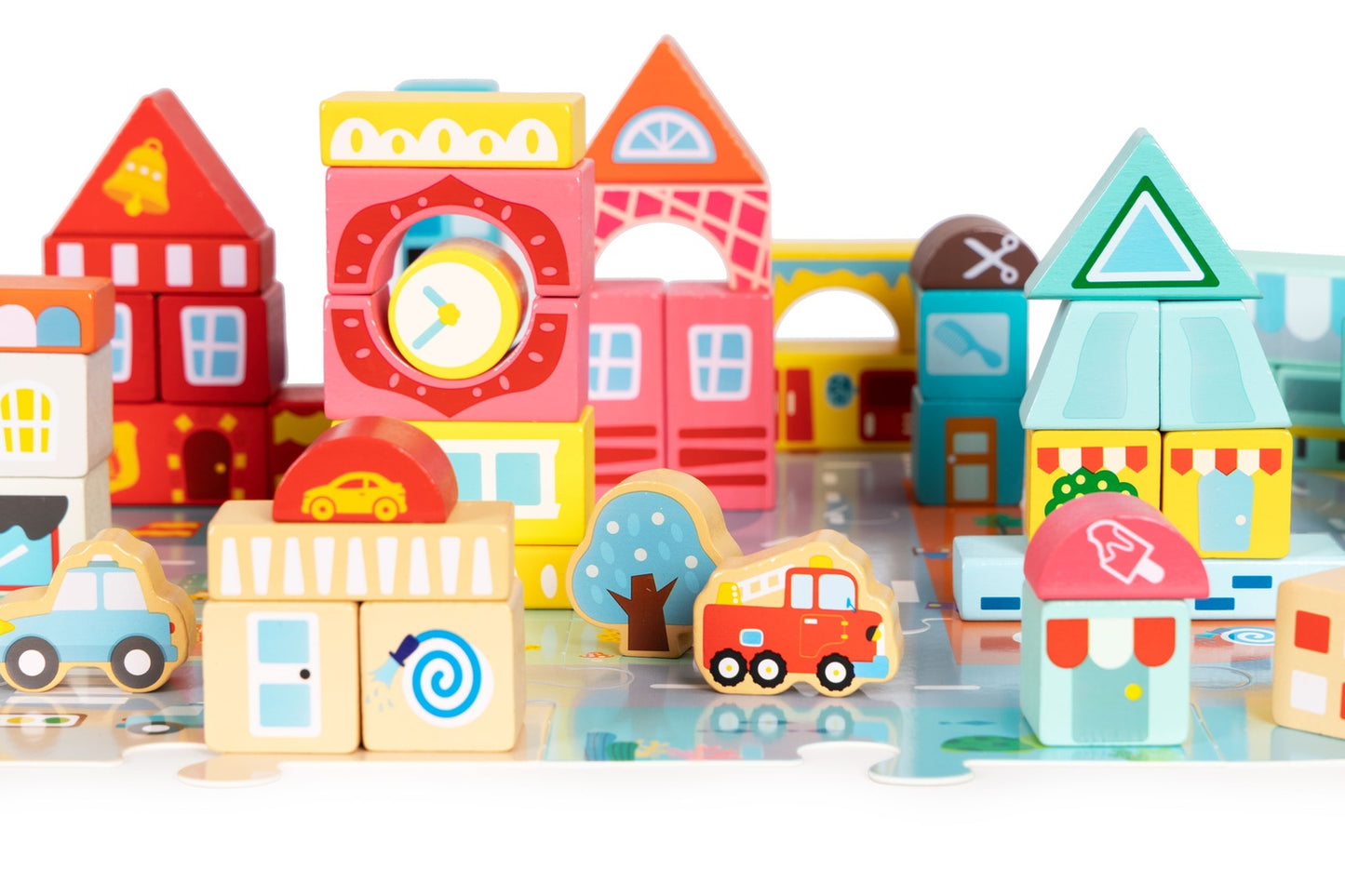 Wooden educational blocks city set with mat 88 blocks