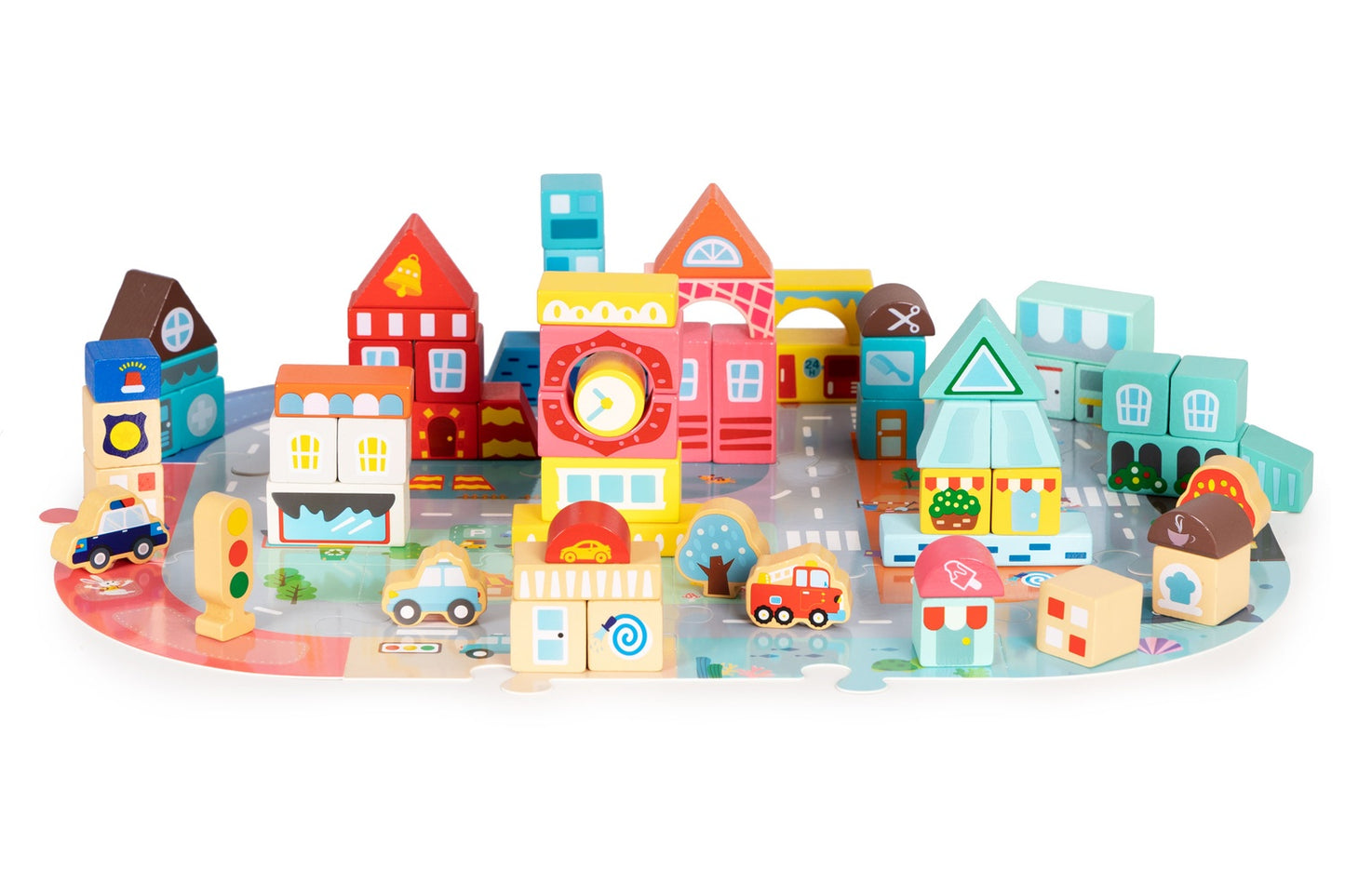 Wooden educational blocks city set with mat 88 blocks