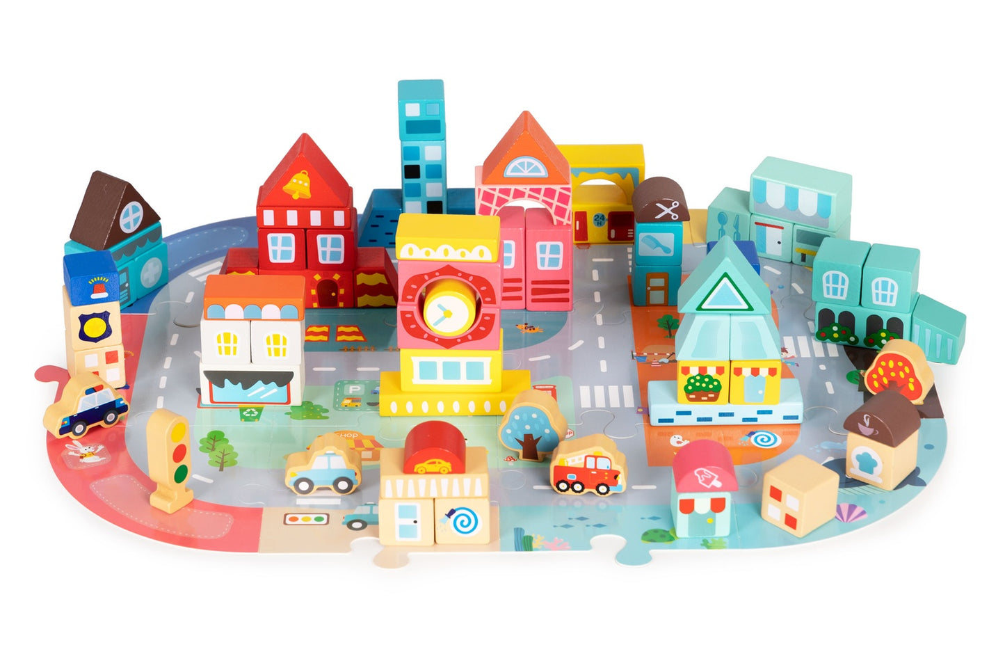 Wooden educational blocks city set with mat 88 blocks