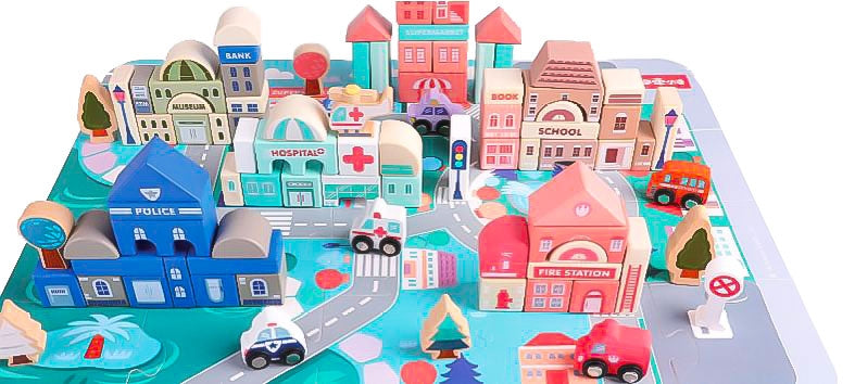 Wooden educational blocks city with a mat 115 pcs ECOTOYS