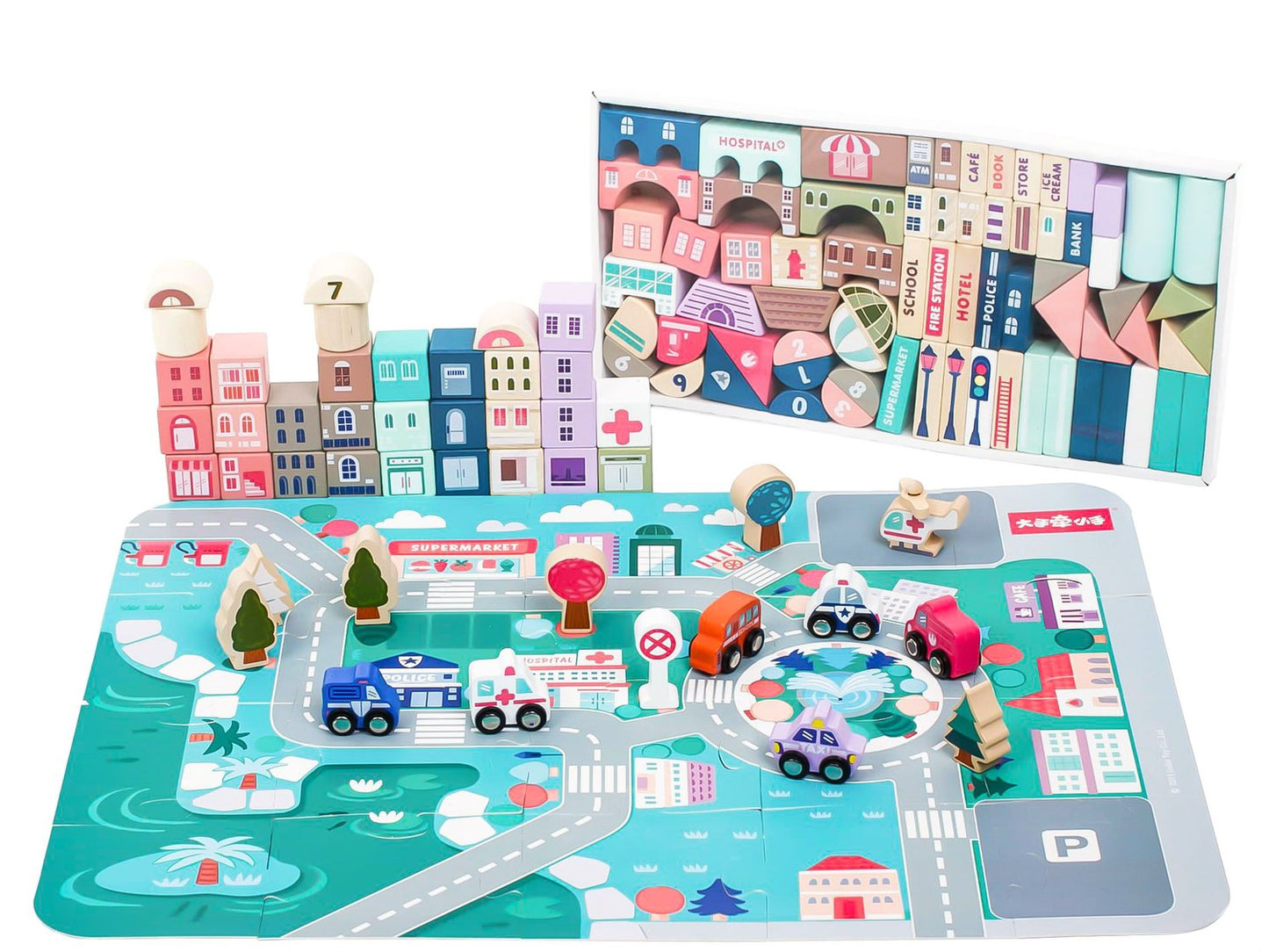 Wooden educational blocks city with a mat 115 pcs ECOTOYS