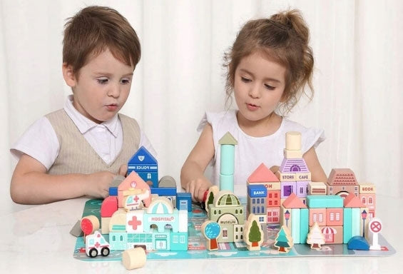 Wooden educational blocks city with a mat 115 pcs ECOTOYS