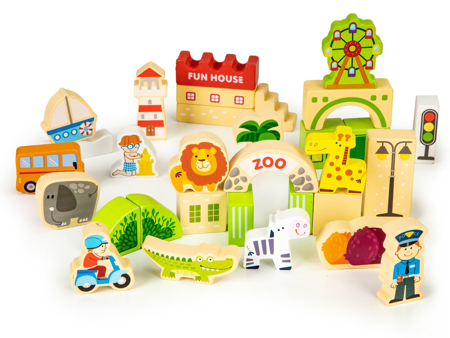 Wooden educational building blocks city with zoo 120 pieces