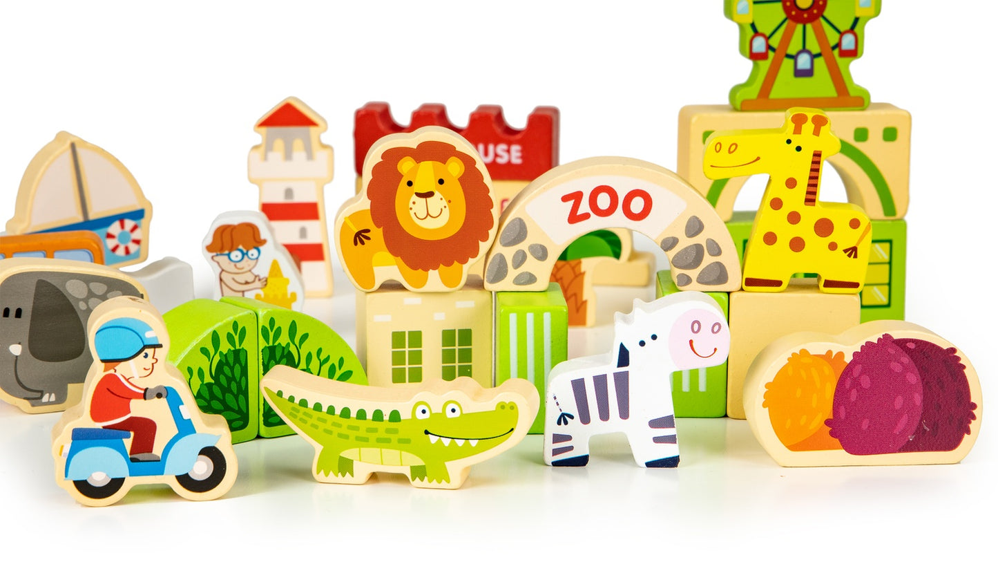 Wooden educational building blocks city with zoo 120 pieces
