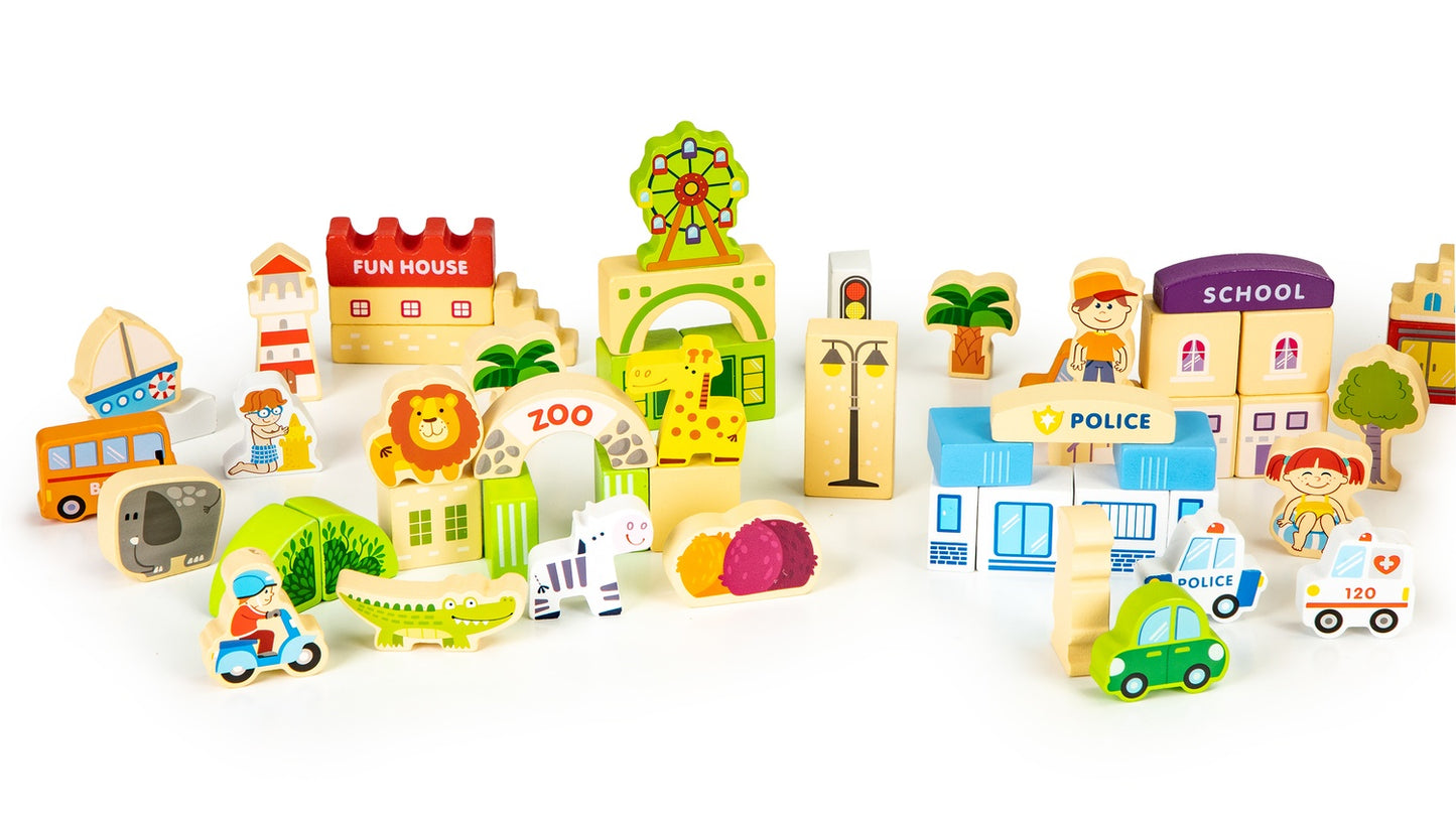 Wooden educational building blocks city with zoo 120 pieces