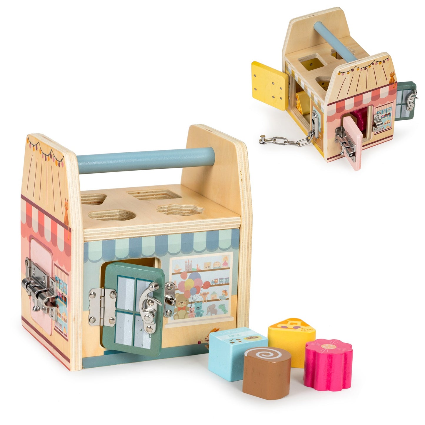 Wooden educational cube, block sorter, four locks, handle
