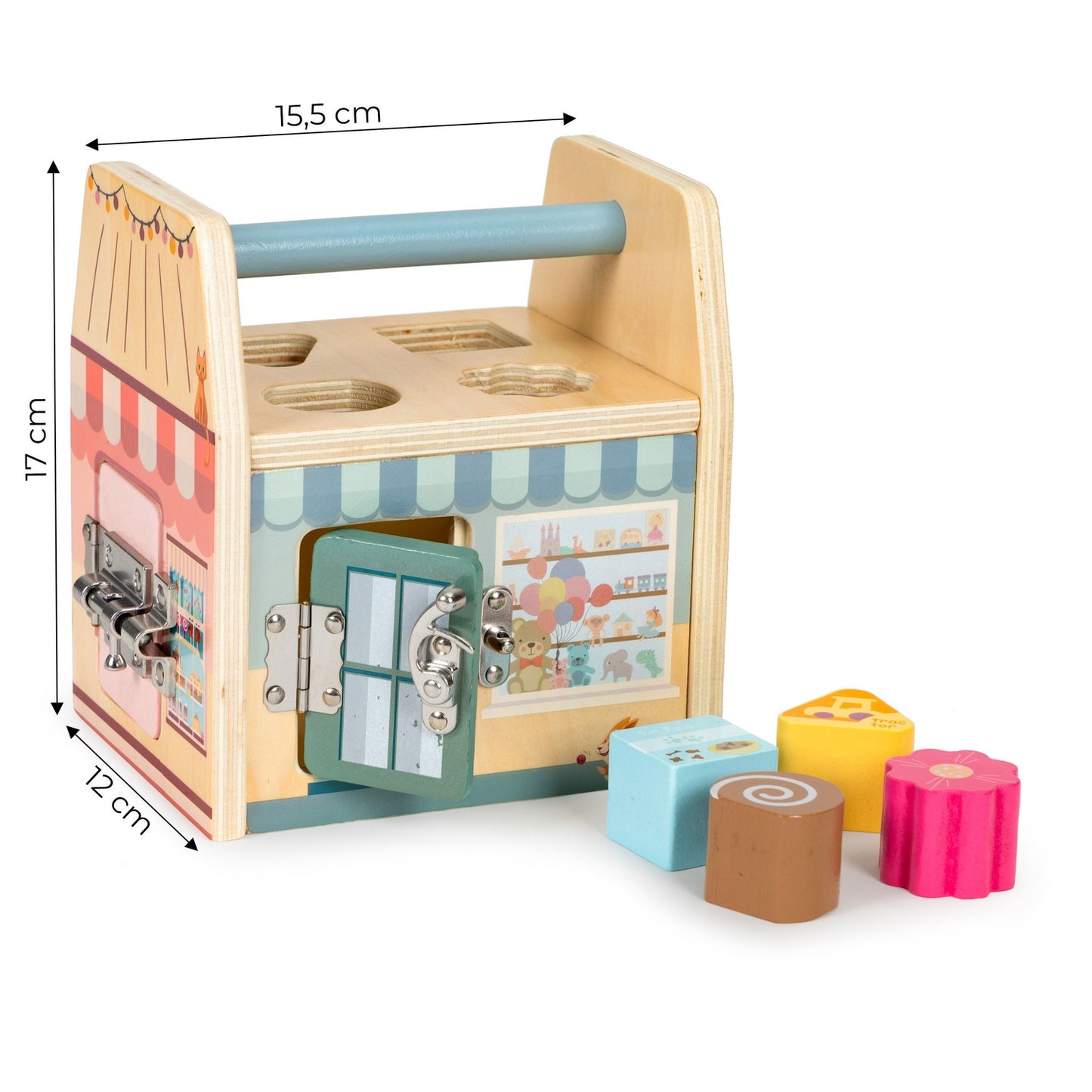 Wooden educational cube, block sorter, four locks, handle