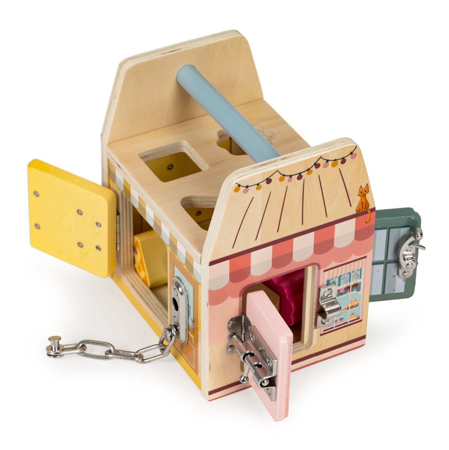 Wooden educational cube, block sorter, four locks, handle