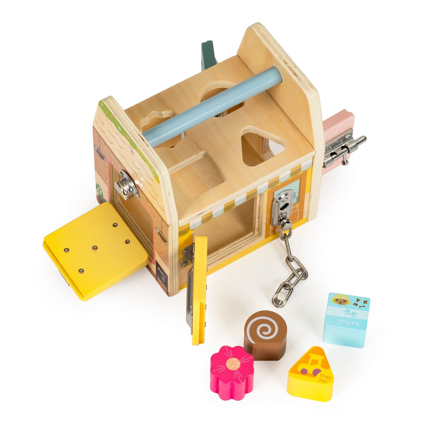 Wooden educational cube, block sorter, four locks, handle
