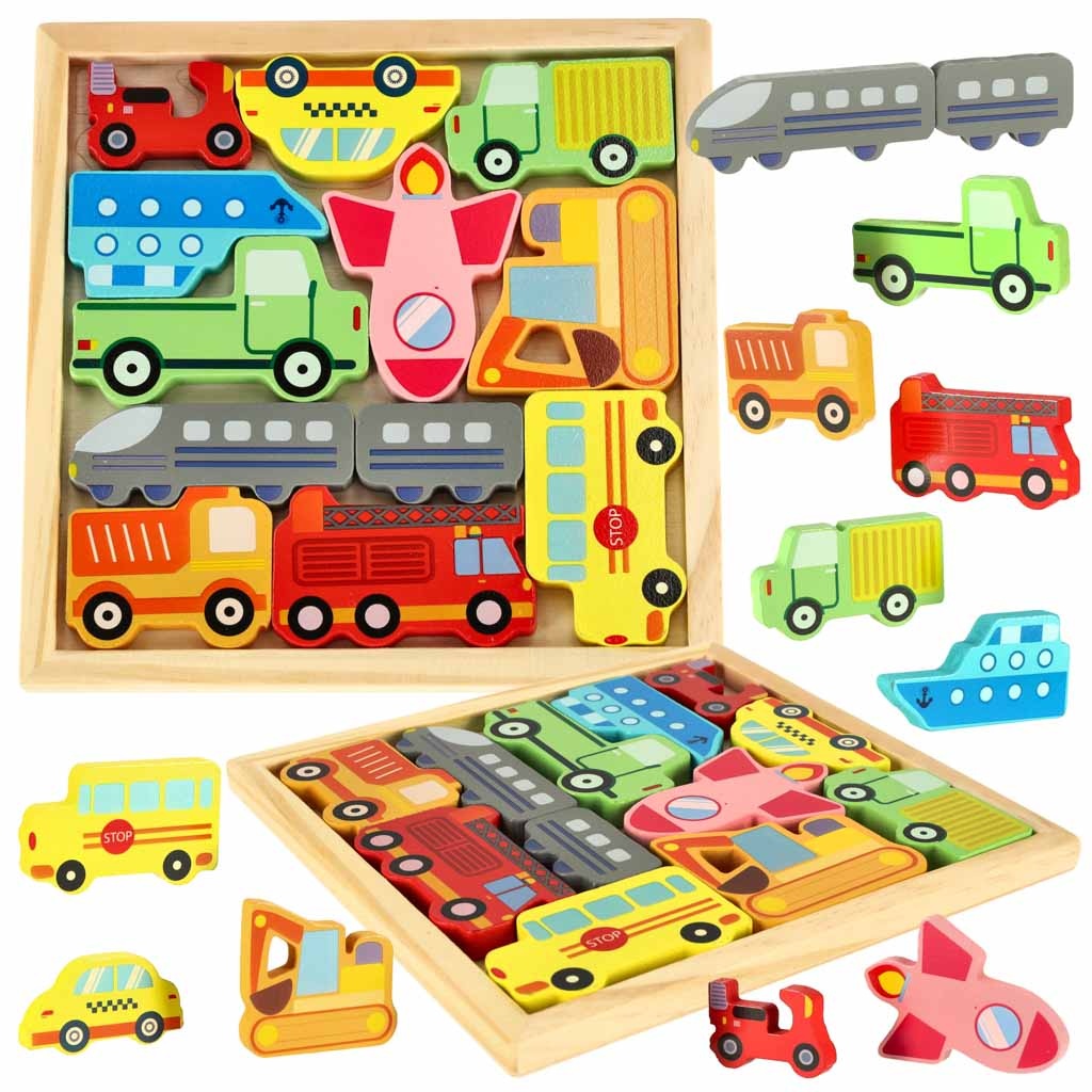 Wooden jigsaw puzzle match shapes vehicles