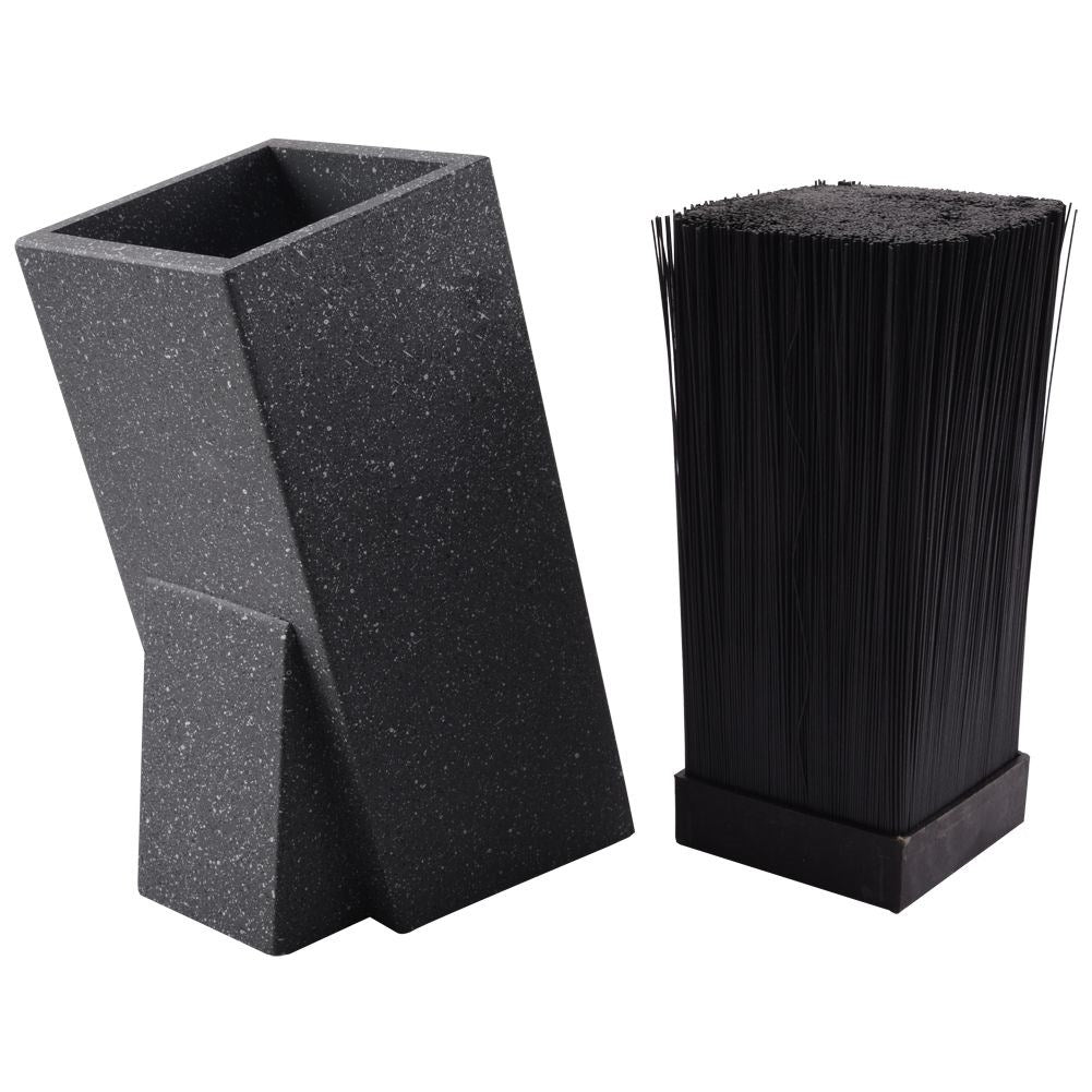 Wooden knife rack with black plastic brush, protects knives and utensils