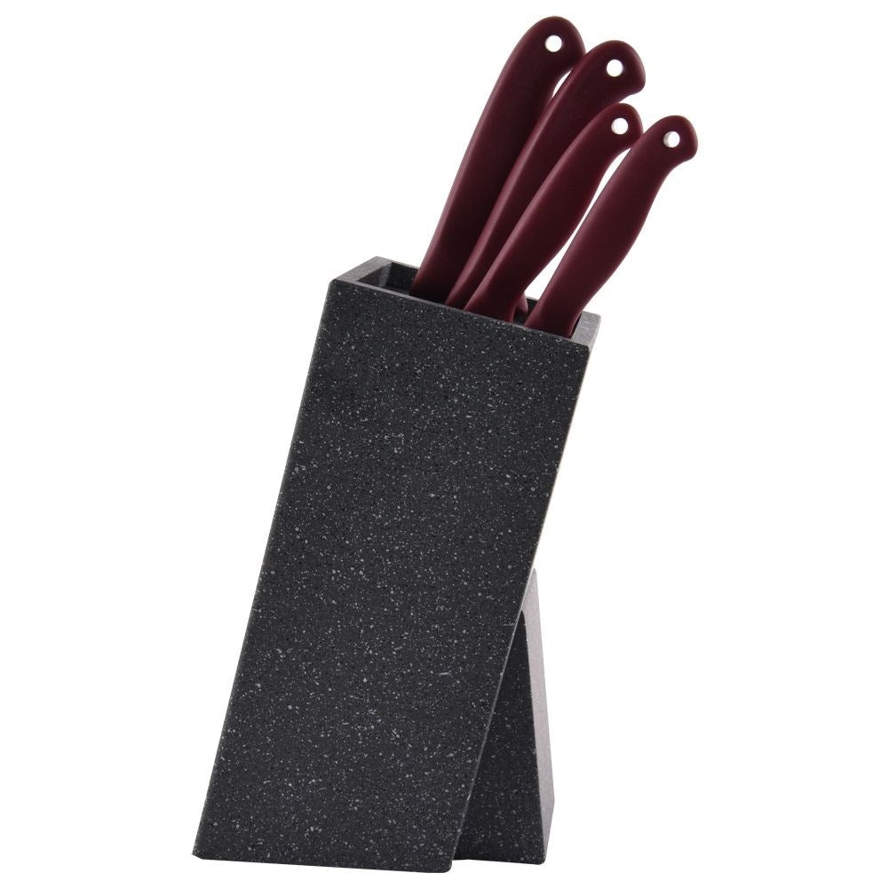 Wooden knife rack with black plastic brush, protects knives and utensils