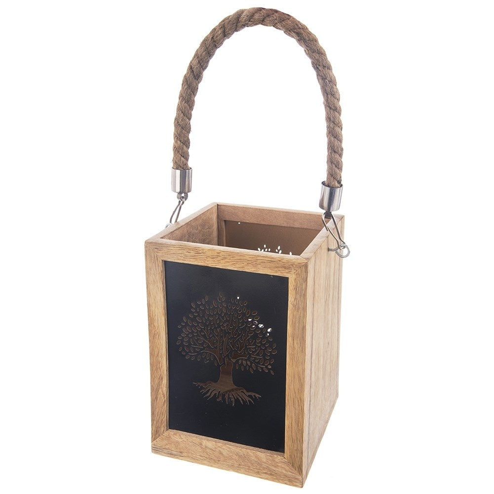 Wooden lantern with tree motif for indoors and outdoors