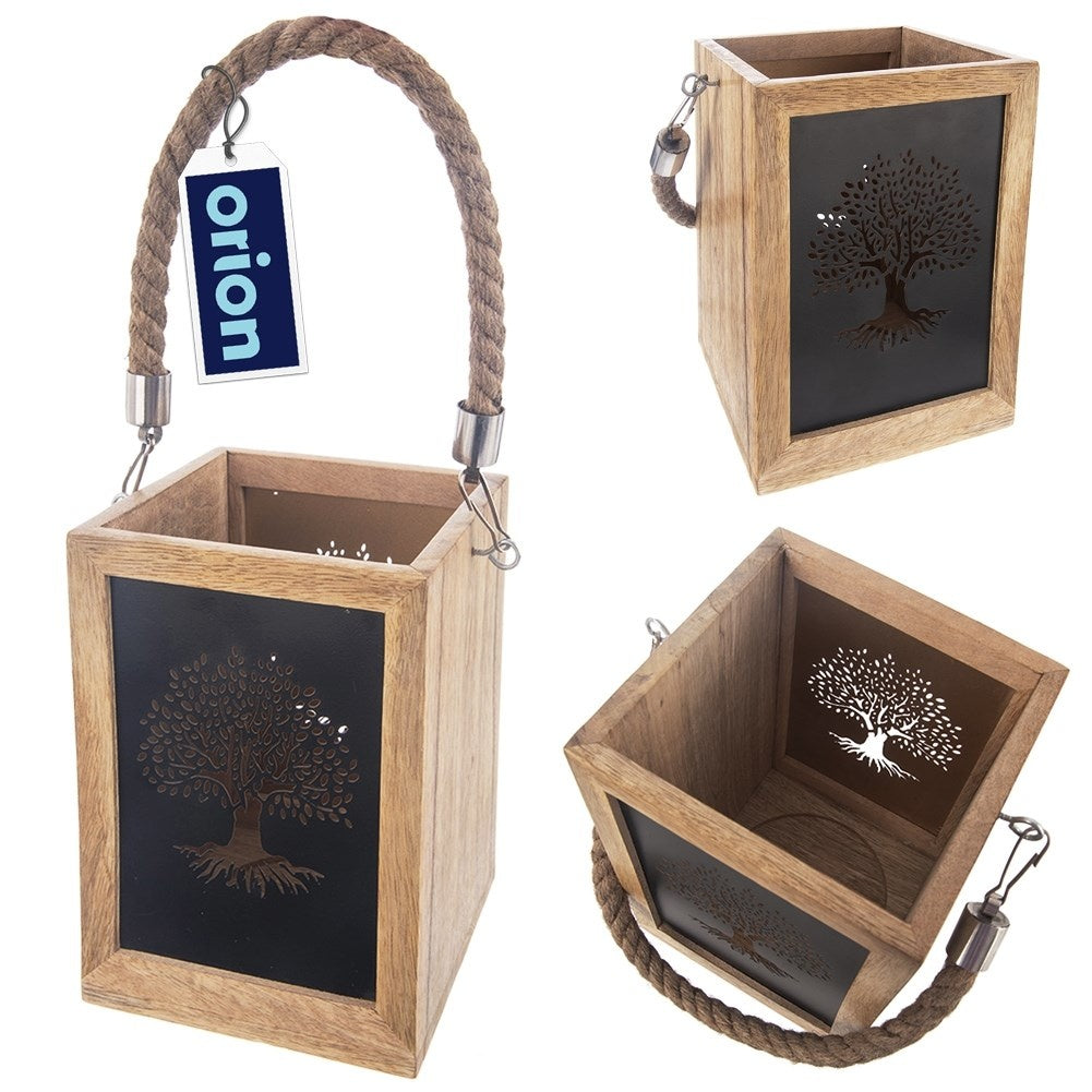 Wooden lantern with tree motif for indoors and outdoors