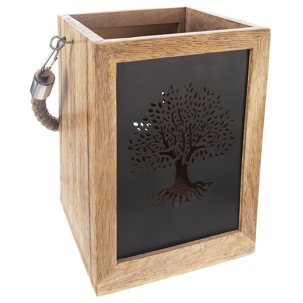 Wooden lantern with tree motif for indoors and outdoors