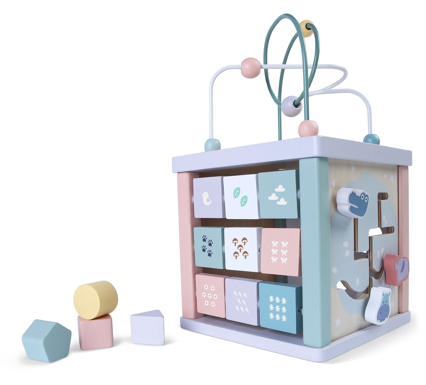 Wooden learning cube, sorter, mula, clock