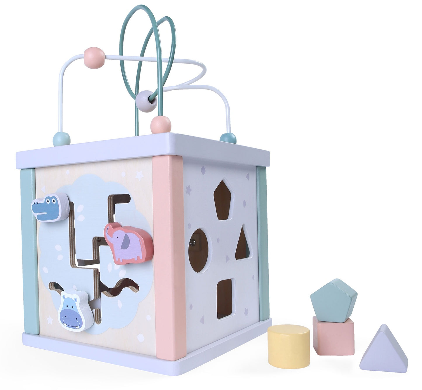 Wooden learning cube, sorter, mula, clock