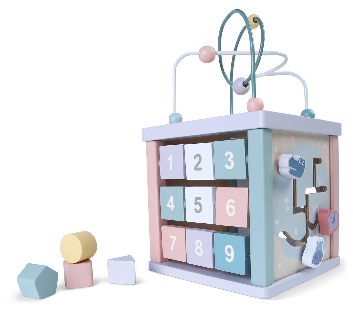 Wooden learning cube, sorter, mula, clock