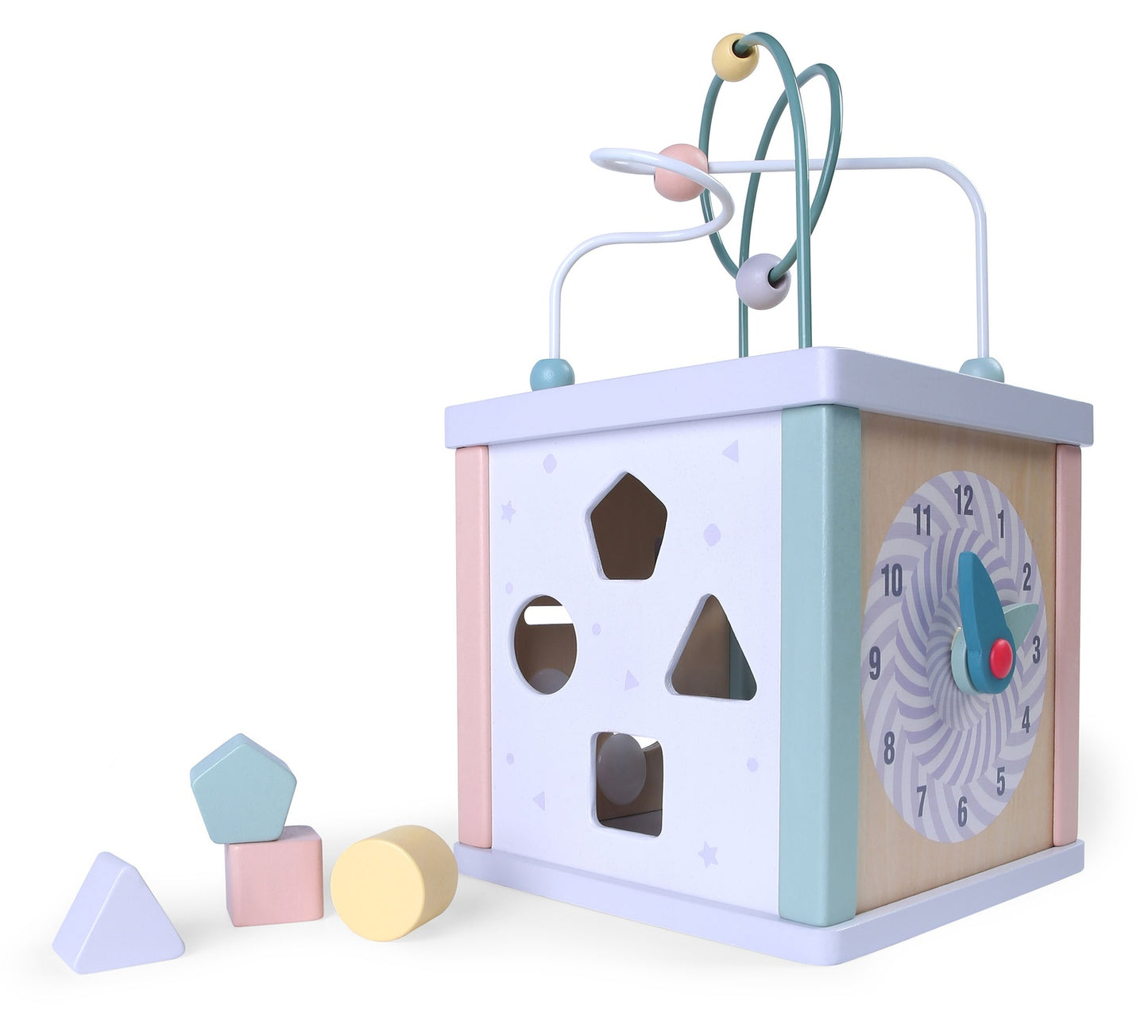 Wooden learning cube, sorter, mula, clock